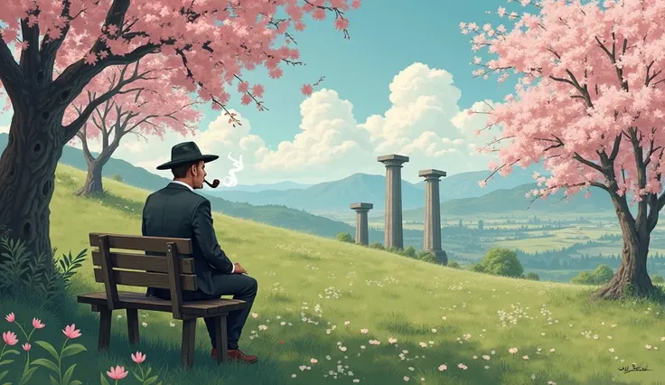 Cherry Tree々Surrounded by a green hill, there is a bench on the hill, 、and three pillars around it like ancient Rome, A man sits on a bench while smoking a pipe and ponders