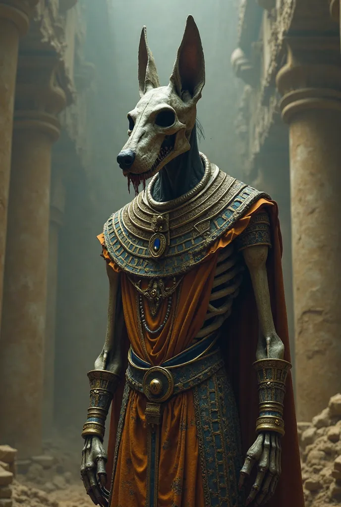 Make an image of the God Anubis, With the skull of a skeletal dog with slime oozing from the eye sockets, make him portray an image of grandeur and terror, as if it were a glimpse of the end of his life, Make the bones look decrepit, full body, Ancient Egy...