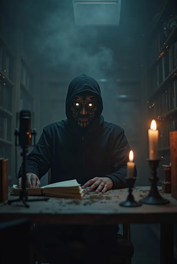 Description:

In complete darkness, a 23-year-old TikToker sits at his desk, known for telling terrifying stories about jinn. He wears a black medical mask adorned with mysterious jinn-related symbols, hiding his features except for his piercing eyes that ...