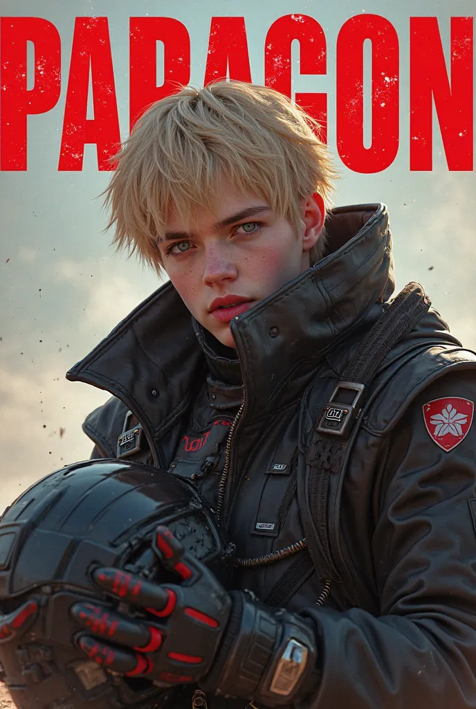 The cover of a book,  the title  "paragon" It must stand out and be in the color red, In the background a 19-year-old blond boy with blue eyes, fair skin, pink lips, with a futuristic army costume in black and details in red, with only your face out of the...