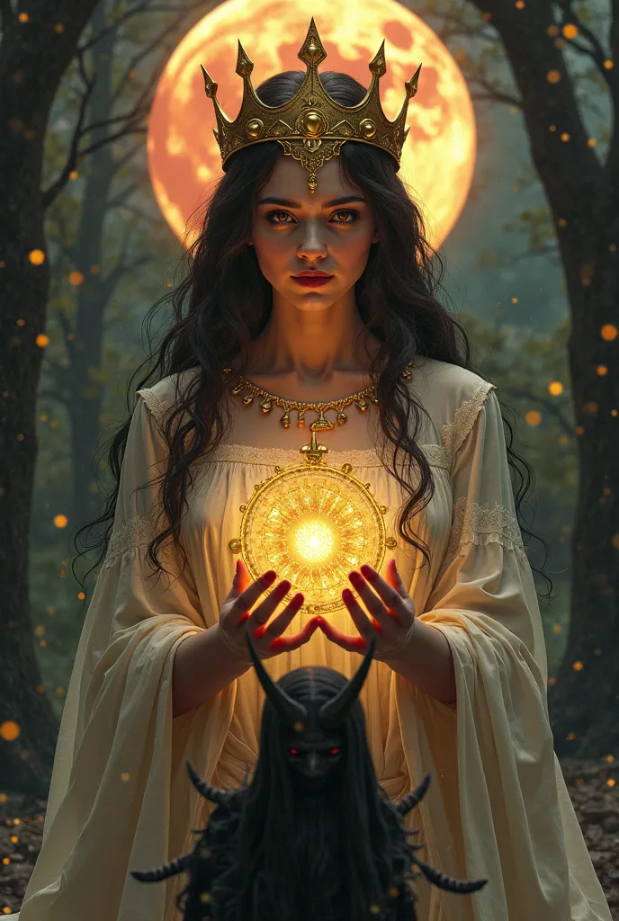 Tarot queen of pentacles black background blurred girl with black long hair with a tiara on her head with a golden pentacle in her hands red moon mysticism ahead is a demon on her knees tarot nights