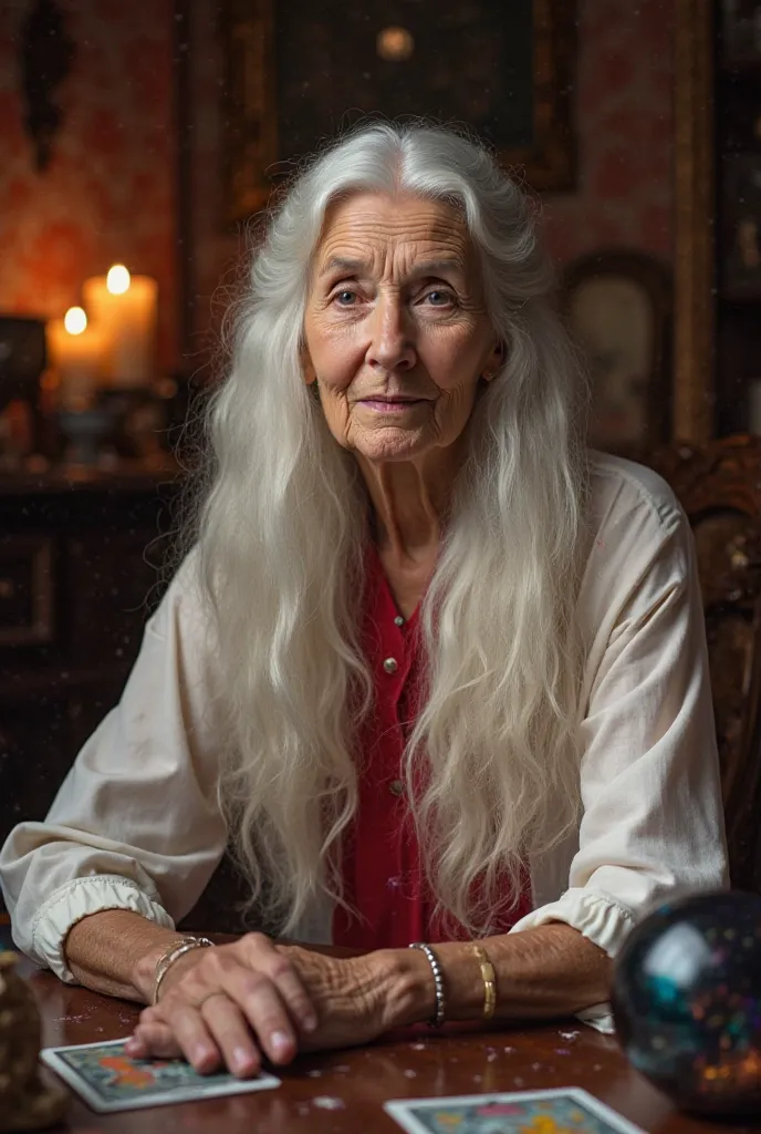 an elderly woman with long white hair, elegantly stylized in a classic coke or soft waves, sitting in a mystical setting of a seer. She looks directly at the viewer with a calm and serene expression, transmitting wisdom and experience. She uses a timeless ...