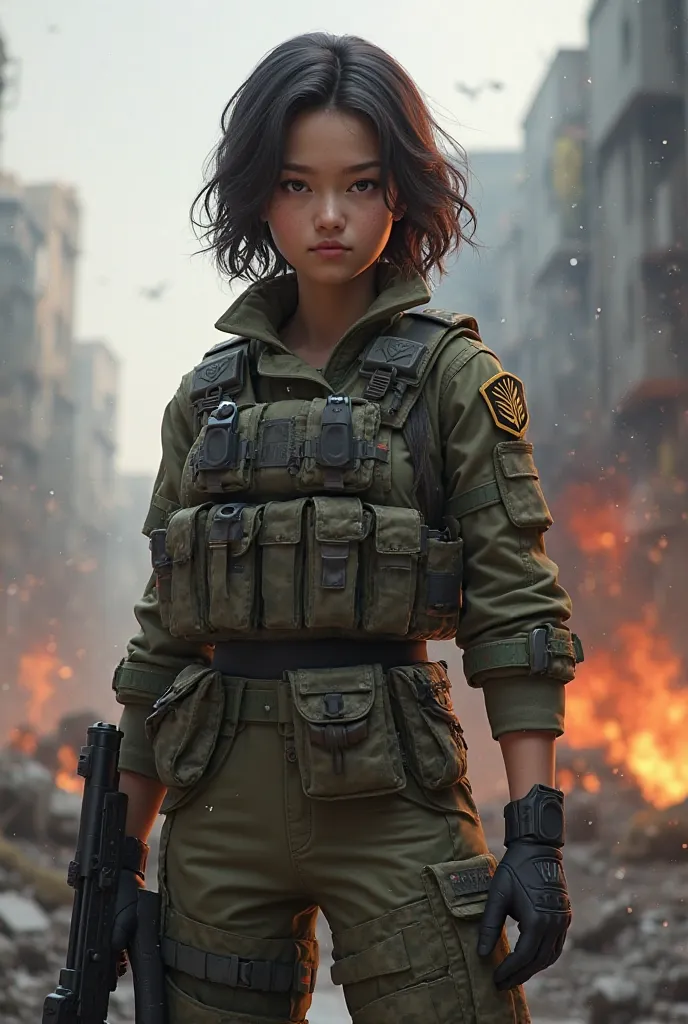 Create a girl with 1,55 cm , medium-curly shoulder-length hair, dark hazel color, light-skinned in military style suit to the game Call of Duty Mobile