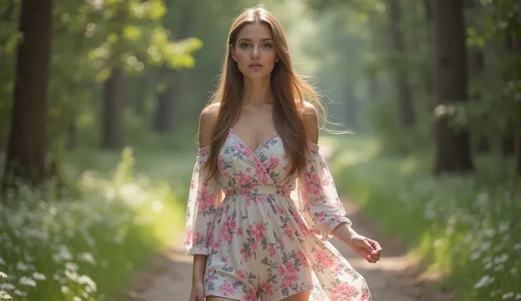 Young woman, 20 years old, beautiful, green eyes. Pink lipstick and nails. Light brown hair, straight and long. Loves to walk on a forest path. Very short and flowing clothes. She walks slowly and sways a little. Full body shot from behind her. Clothing co...