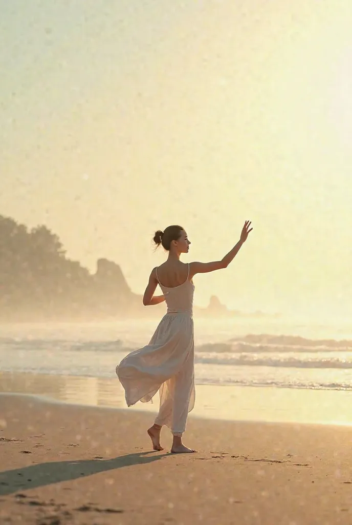 Girl performing qi gong on the beach topless 