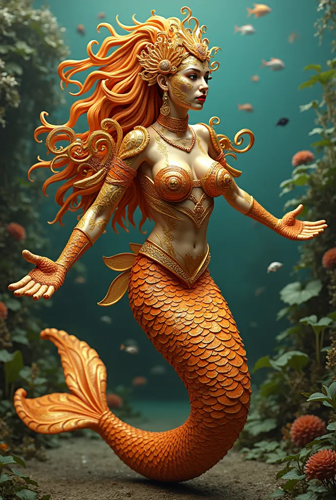 Create an indigenous fantasy mermaid sculpture in gold and orange with makeup and lots of flippers like on the arm of shoulder pads in samba school style 