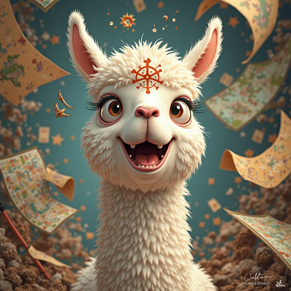 Un alpaga fou , surrounded by maps , And on top of that head it's marked crazy alpaca 