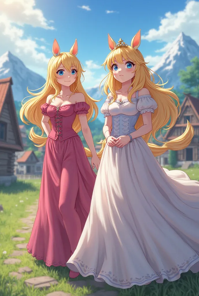 2 girls, female, furry, princess celestia and luna, luna and celestia, big breasts, wide hips, thick thighs, wasp waist, perfect eyes, beautiful hair, wearing a beautiful long dress, in the middle of a village, mountains in the background, windy day, dress...