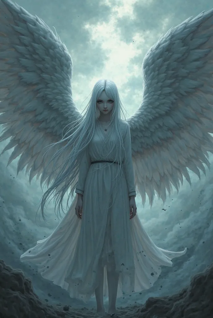 Anime, angel girl, big angel wings, scary atmosphere in the sky, confused, white eyes without pupils, cloth on the body, long white hair, anime, 