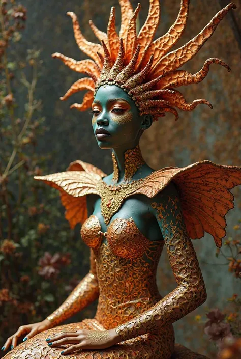 Create an African fantasy mermaid sculpture Gold and orange with makeup and lots of flippers like on the arm of shoulder pads samba school style 