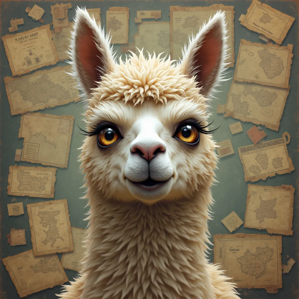 Un alpaga fou , surrounded by maps , And on the top of that head it's marked crazy alpaca and he's mean 
