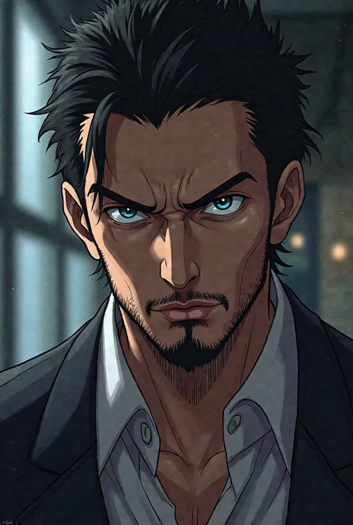 Professor masculo anime homoerotico, the eyes, Black hair, short hair,  goatee, Serious.