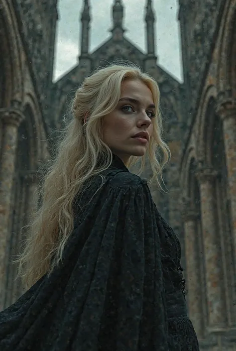 Fateful blonde on the background of a gothic building 