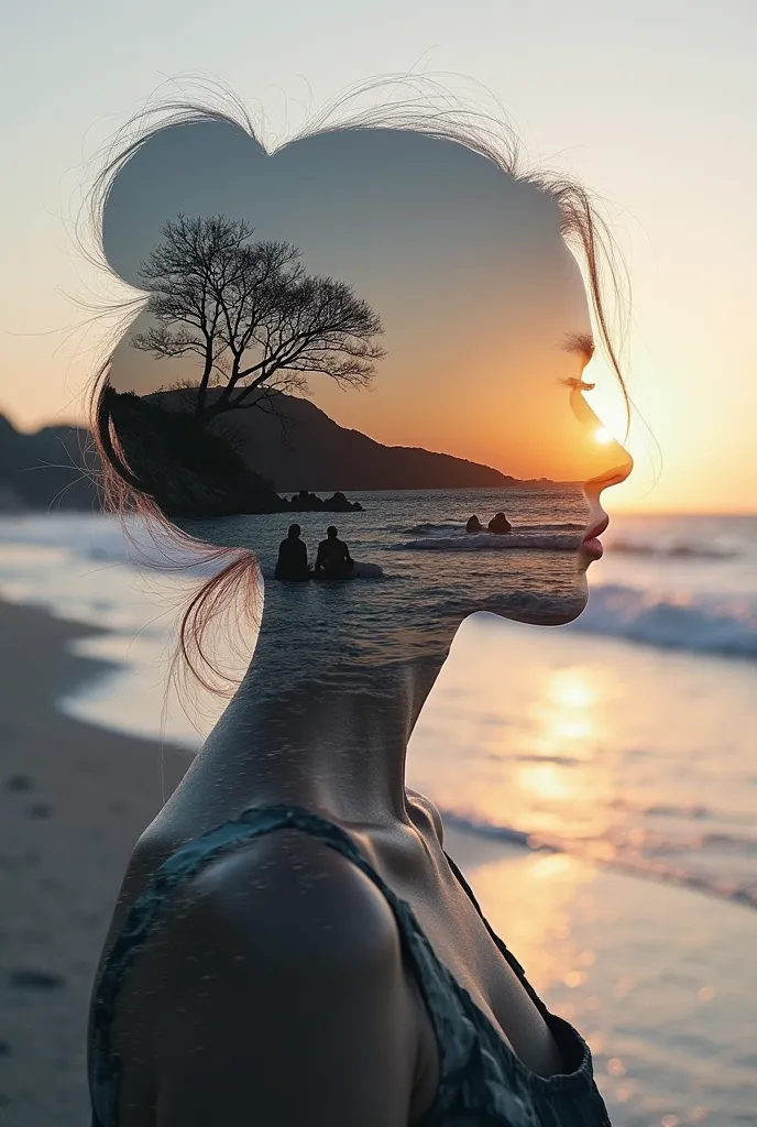 high quality, 8K ultra HD, Una hermosa  double exposure que combina una silueta de diosa con la costa al atardecer, the coast at dusk should serve as a backdrop,  with its details incorporated in the goddess, sharp lines, The background is monochrome, shar...