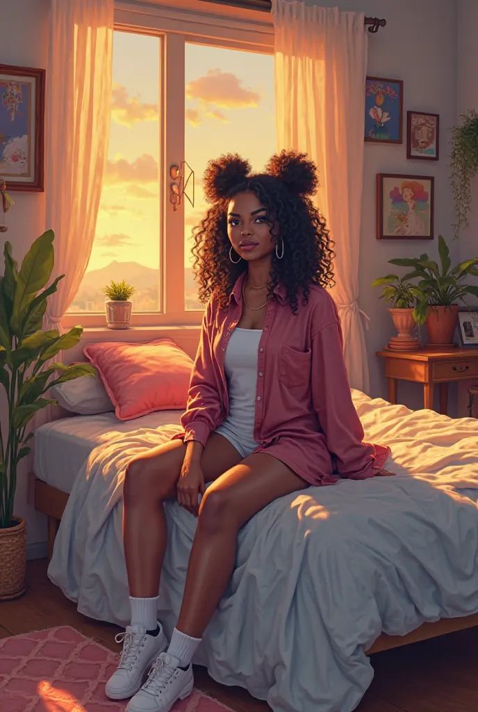 Digital art flat color style portrait art of curvy plus size woman with curly hair in space buns, sitting on a pristinely made bed in a somewhat cluttered boho theme room, wearing an oversized shirt, shorts, and socks. Natural lighting, sunset, cozy vibes,...