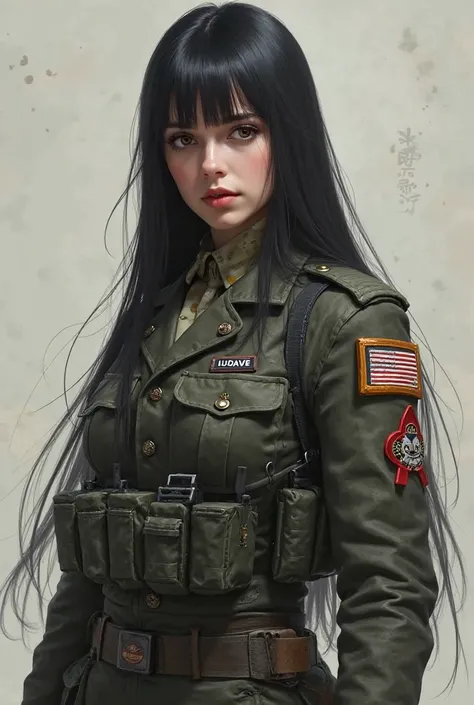 create a white girl, long straight hair color black , wearing a military suit in the style of the game Call of Duty Mobile and that the name LUDAIVE appears in one part of the image