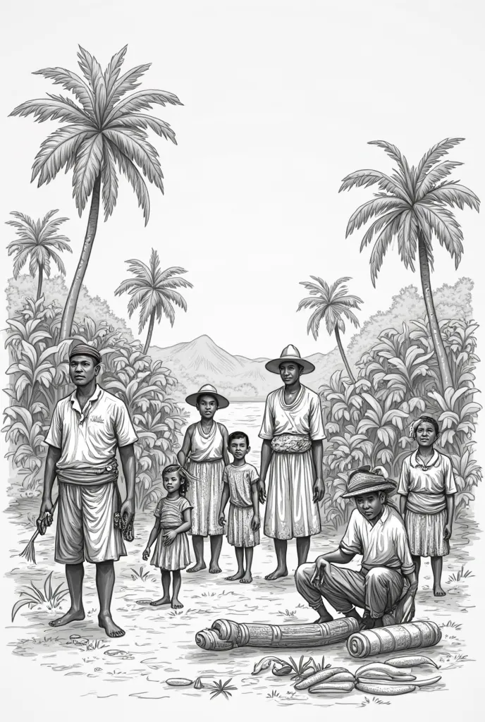 Pre colonial era life of filipino people sketch Black and white color