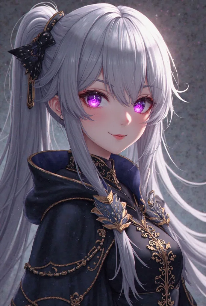 one girl, High details, The call of souls ,  silver gray hair , black robe with gold details, purple-pink eyes,  glowing eyes,  smiling , Fangs, Dragon Eyes, Feathery hair, slender, small-medium breasts, soft eyes, masterpiece