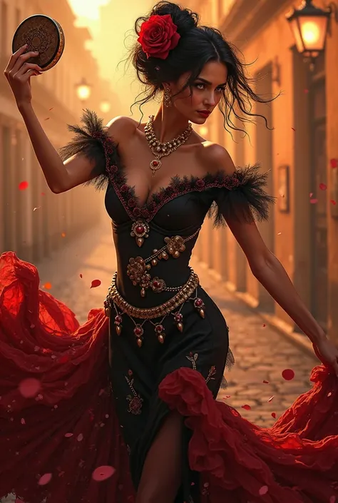 An elegant flamenco dancer holding a tambourine in her right hand.  she wears a black dress , red and gold, adorned with shiny gold coins. A red rose is stuck in her dark, wavy hair. Her expression is intense and passionate as she dances gracefully,  trans...