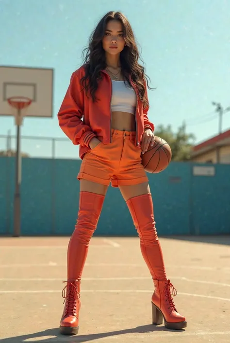 Pretty young Mexican student,  wearing thick-heeled thigh-high boots on a basketball court 