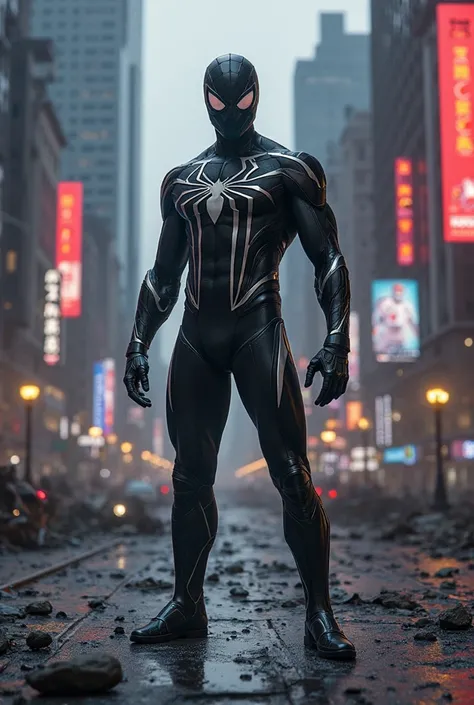 Badass black spiderman wuth a futurustuc spider logo on his chest standing in the middle of a street that was affected by a fight... make it very cinematic, and its nighttime