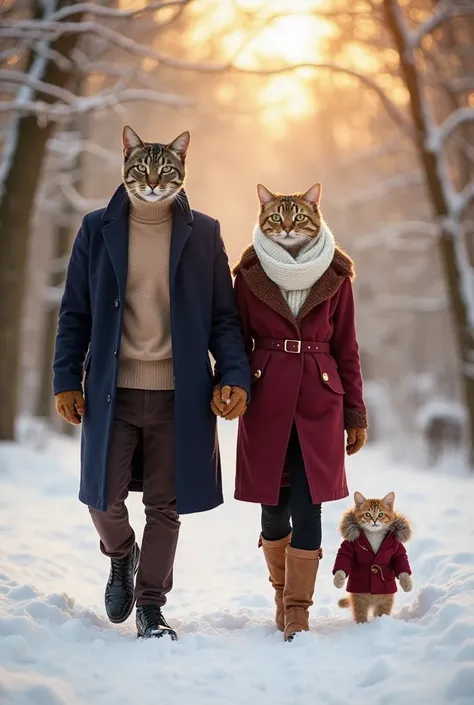 A stylish cat couple walking hand in hand in a snowy forest, dressed in elegant winter outfits. The male cat wears a navy blue long coat over a beige turtleneck sweater, dark brown pants, and black boots. The female cat wears a maroon wool coat with a whit...