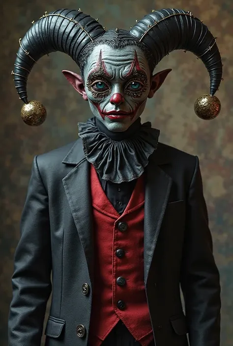 A Jester with a mask that only has eyes on it and is wearing a black jester outfit with a red suit vest