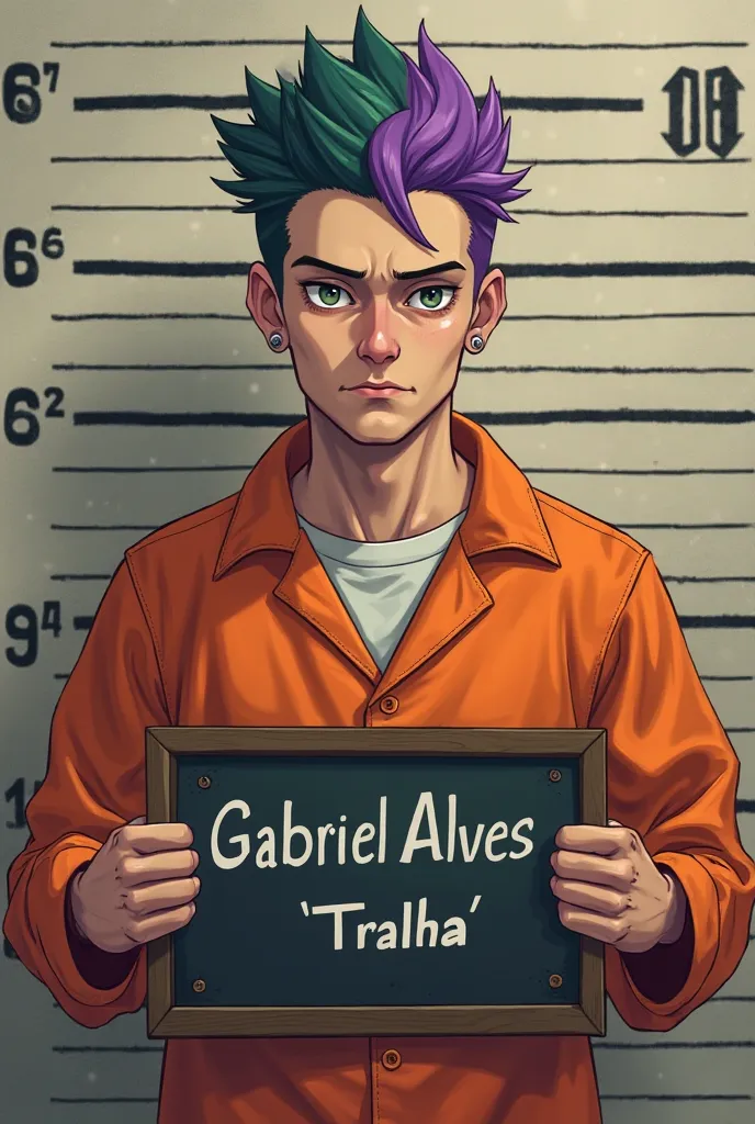  Create a male character, With paranormal order style RPG,  showing the middle finger,  Hiccup holding a written board "Gabriel Alves" and below"(Tralha)",and whose hair is half purple and half dark green, almost shaved hair. Do it wearing an orange prison...