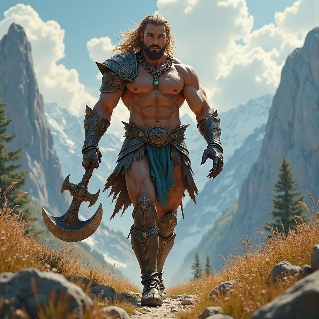 Full body Hyper photo-realistic image of an Incredibly handsome 20 year old male model type. 7’ foot tall. Celestial God of strength and bears. Running like he is stalking prey. with v-shaped torso large extremely huge muscular body builder with narrow wai...