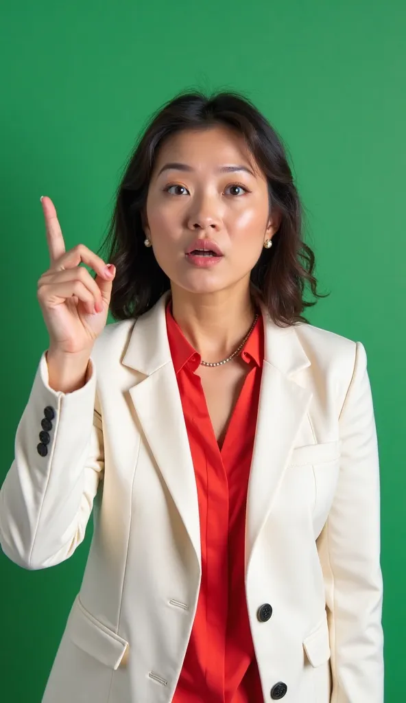 The image depicts a woman, possibly asian descent, making an expressive gesture with her right index finger raised, suggesting a moment of emphasis or exclamation during speech. Her expression conveys surprise or disbelief, highlighted by wide eyes and a c...