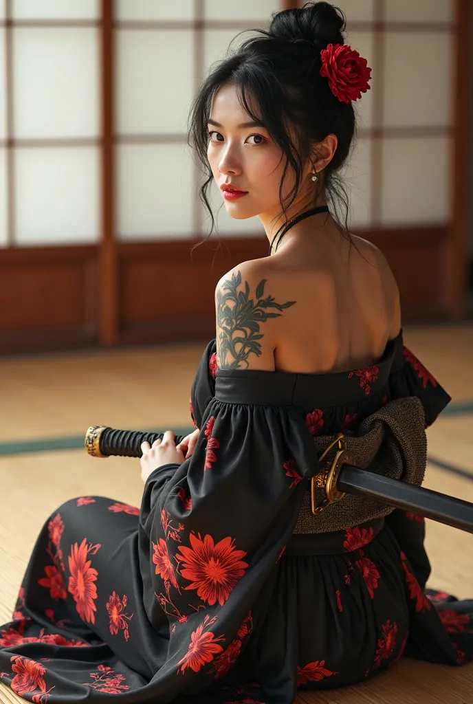 A photo-realistic shoot from a profile camera angle about a woman in a traditional japanese kimono with floral patterns, holding a katana, sitting on a tatami mat in a room with shoji screens in the background. on the middle of the image, a 20-year-old asi...