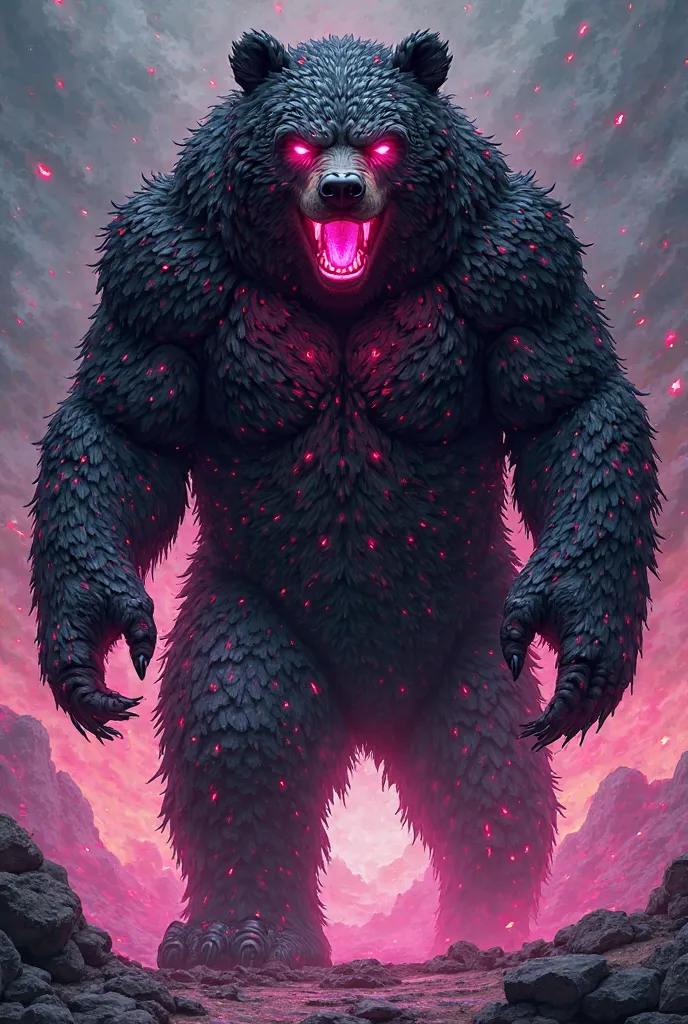 A colossal bear with black crystalline plaques covering its body, emanating a neon pink glow between the cracks. Their eyes sparkle with supernatural fury under a hood of living shadows. Each step leaves a trail of dark energy, and its roar is a distorted ...