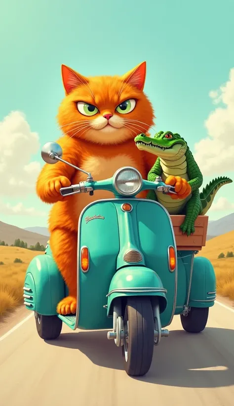 A large orange cat is driving a three-wheeled motorcycle with an alligator in the back.

The image features a humorous scene of a large, orange cat, seemingly in control of a teal-colored three-wheeled motorcycle. The cat is positioned centrally, taking th...