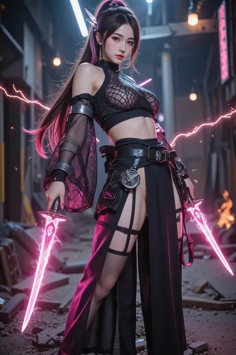 A breathtakingly beautiful cybernetic kunoichi stands poised in a dynamic battle-ready stance, her motion fluid and precise like a shadow in the night. She wears a delicate, sheer kimono, its translucent fabric flowing with her movement, revealing the matt...