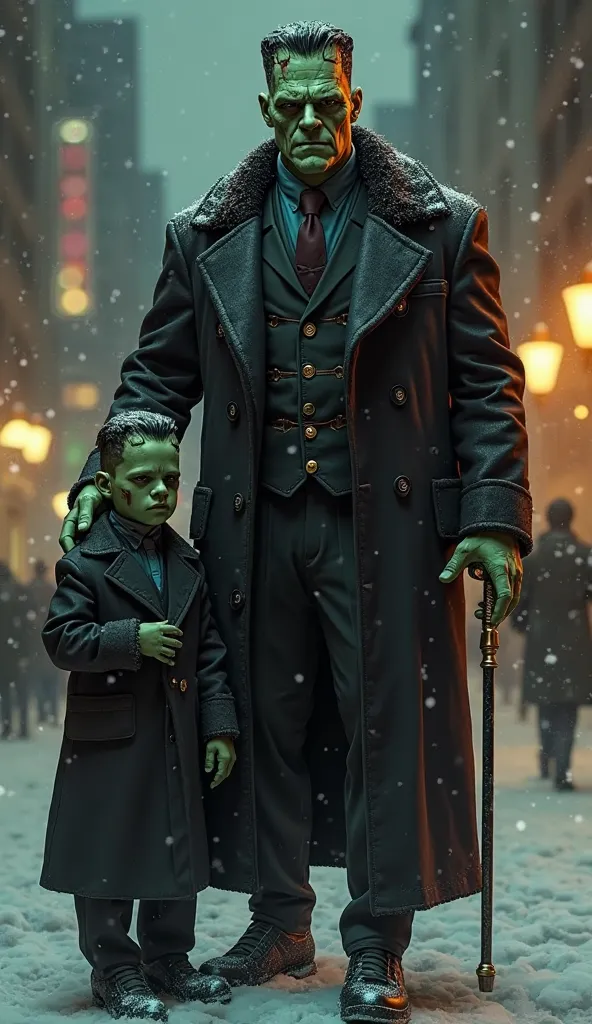 A highly detailed digital painting of two Frankenstein-like characters dressed as stylish gangsters in a snowy, dimly lit city street at night. The taller figure is massive and intimidating, wearing a black double-breasted coat with a fur-lined collar, a v...