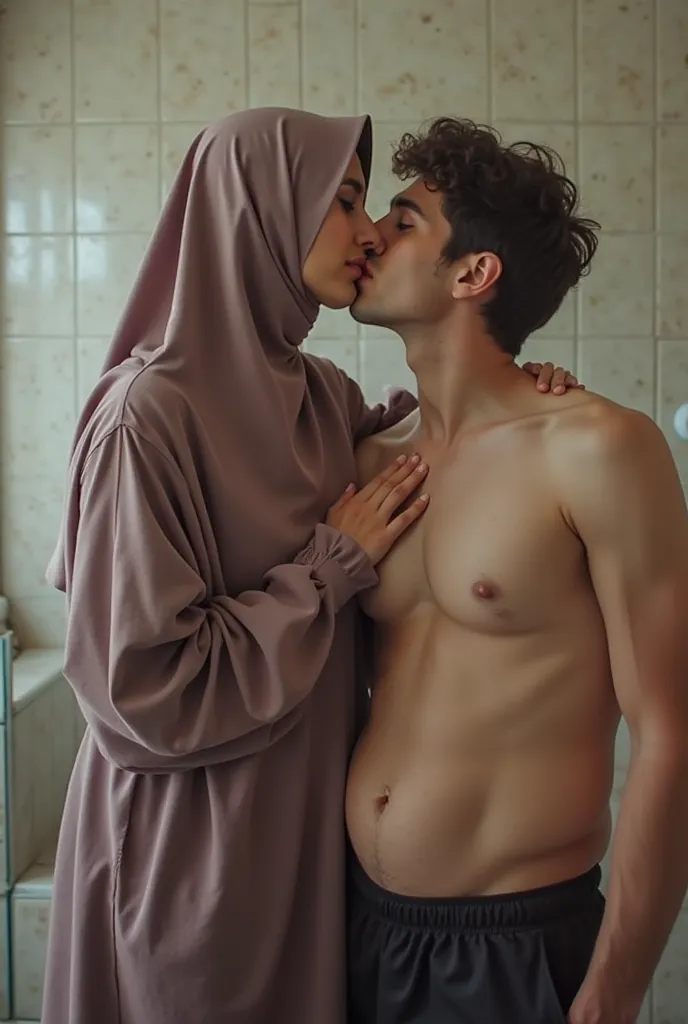 The hijab is a fat girl at the age of 12. The chest is exposed. The picture should be in a big bathroom. There should be a 30-year-old young man who should embrace her and kiss her on the mouth