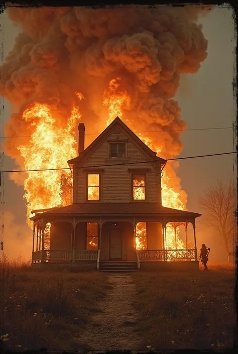 Take a vintage photo of a house burning