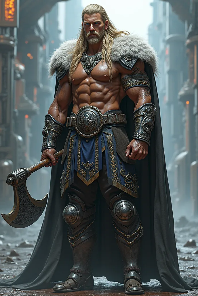 modern/futuristic viking hero/warrior, blonde, with an ax in hand