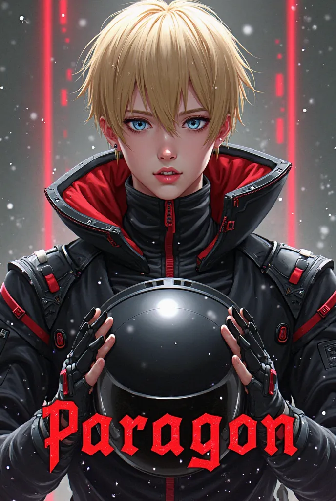 The cover of a book,  the title  "paragon" It must stand out and be in the color red, The letter should draw attention to! 
in the background a 19-year-old boy, Barboy. Blond hair with blue eyes, fair skin, pink lips, wearing a futuristic army suit in blac...