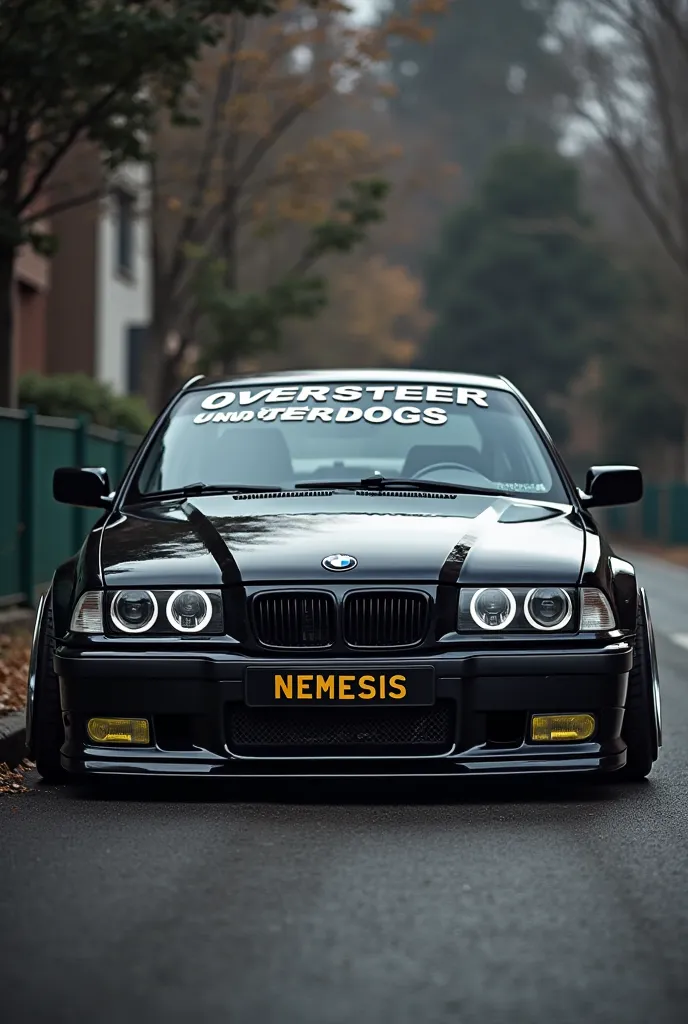 Make a black bmw e36 sedan with nickel rims , in a black and yellow license plate write ( nemesis ) and written on the front windshield written ( Oversteer Underdogs) in white bolt chrome Letters 