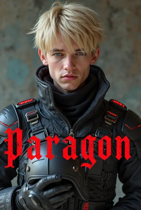 The cover of a book,  the title  "paragon" It must stand out and be in the color red, The letter should draw attention to! 
in the background a 19-year-old boy, Aparência de Bad Boy. Blond hair with blue eyes, fair skin, pink lips, wearing a futuristic arm...