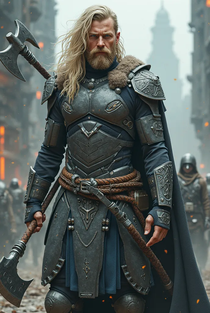 modern/futuristic viking hero/warrior, blonde, with an ax in hand, with a suit that represents his culture but adapts to today