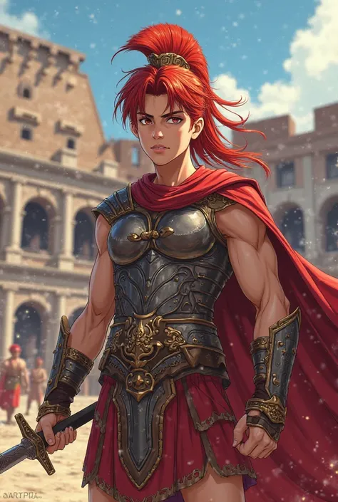 Make an anime-style gladiator, Beardless with red hair 