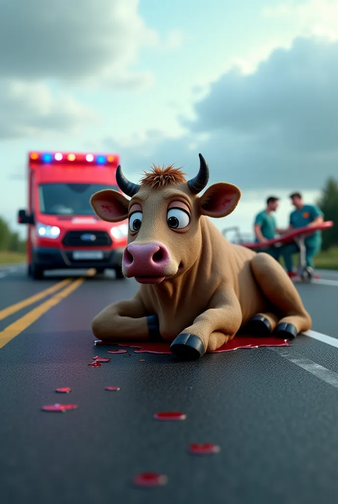 Here’s your updated prompt:  

**"A large, well-built cow with expressive eyes sits weakly in the middle of a modern motorway in a 3D animated style. Her fur is matted with dirt and blood, and visible wounds on her body show that she is injured. Blood pool...