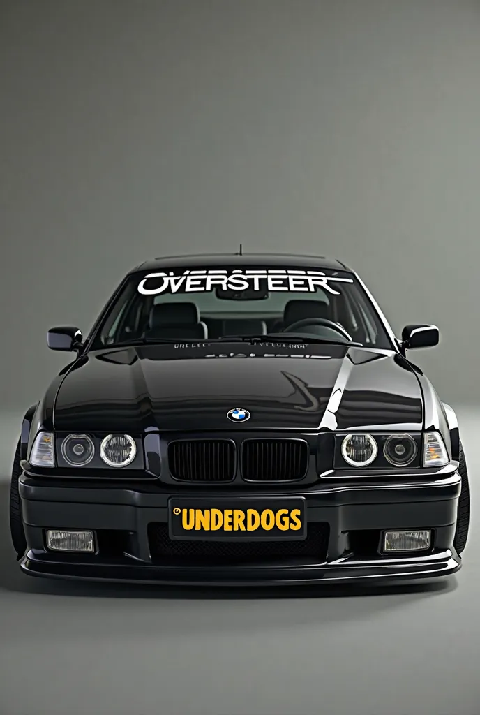 Make a black bmw e36 sedan with chrome rims , in a black license plate with yellow letters write ( nemesis ) and on the front windshield written ( Oversteer Underdogs) in white bolt chrome Letters 