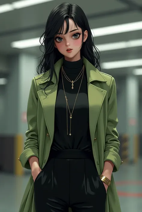 Create a character with black hair and yellow eyes,  wearing formal clothes. The character must have an athletic body, similar to that of a runner. The style must be inspired by the image provided, with a light green trench coat over a black high-neck blou...