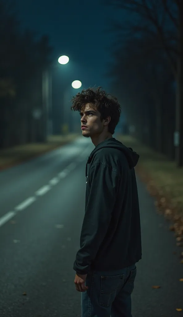 A young man walks alone at night on an empty road, looking over his shoulder with a nervous expression. The wind rustles his hair, and his posture suggests fear. The background is dark and eerie, with faint streetlights barely illuminating his path. The at...