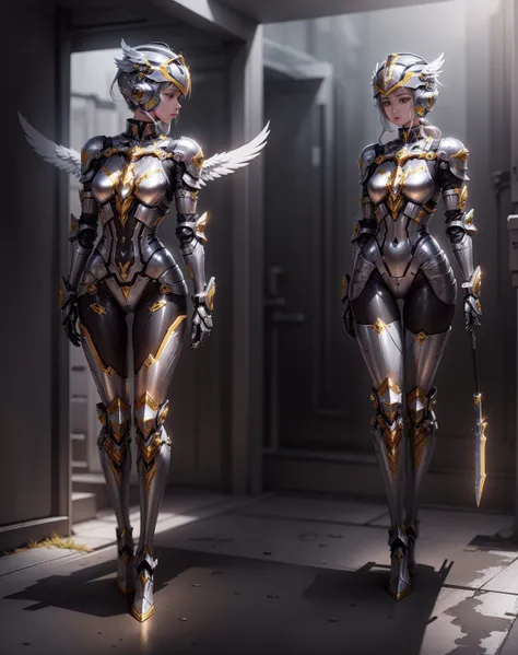 PlatinumMech Robots，Wings Made of Energy ，Metal Hello ，gold，full body front pose，Holy Rays，Kilo，cinematic lighting，Hyper HD， Female Robot，Full body mechanism，wear helmet，faceless，helmet cover、incontinence、Urinating、