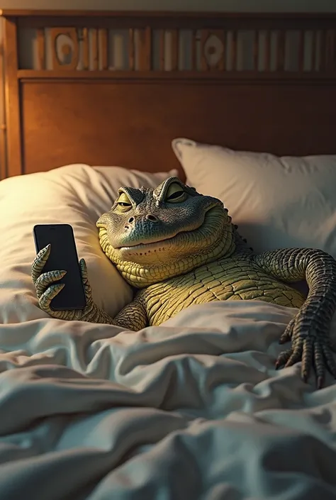 A highly detailed, realistic HD image of a crocodile lying on a cozy bed, holding a smartphone as if talking on a call. The crocodile has a relaxed and sleepy expression, with its head resting on a pillow. The scene features warm, soft lighting with realis...