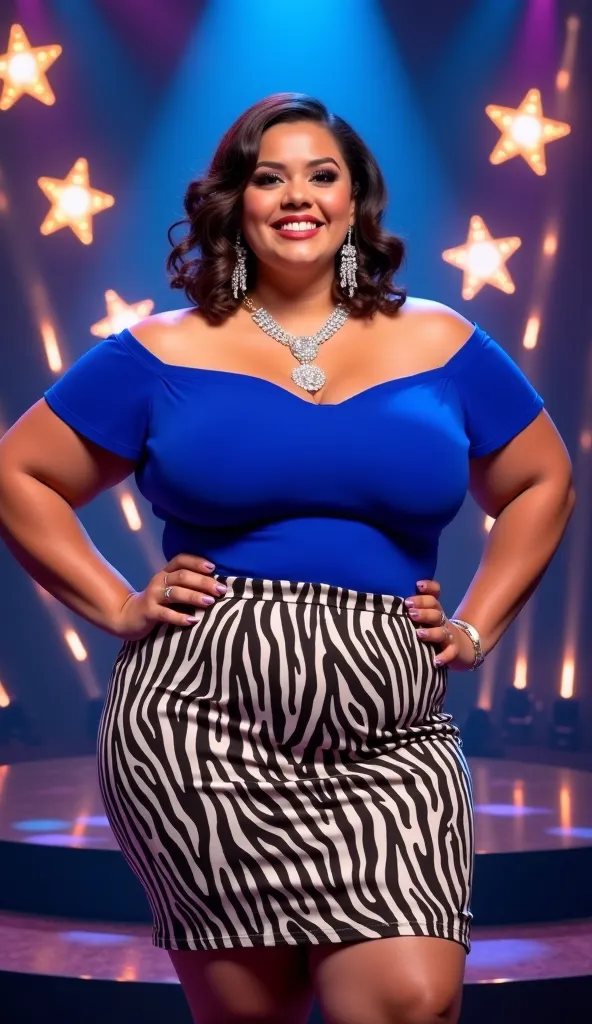 A confident woman with a plus-size figure, she wears an elegant off-shoulder royal blue top and a zebra-print skirt. Her bright smile, short wavy hair and sparkling jewelry, including a diamond necklace and long earrings, make the girl look very fat A youn...